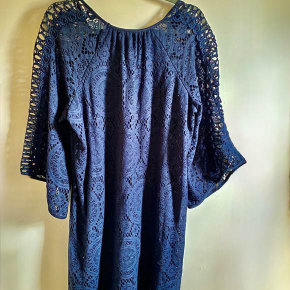 Tacera 1X Deep Navy Blue Lined Lace Overlay Dress - Picture 2 of 2